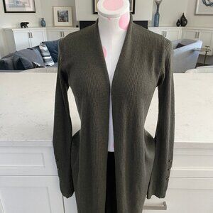 Nanette Lepore Merino Wool Open Front Ribbed Duster Sweater Olive Green Sz XS